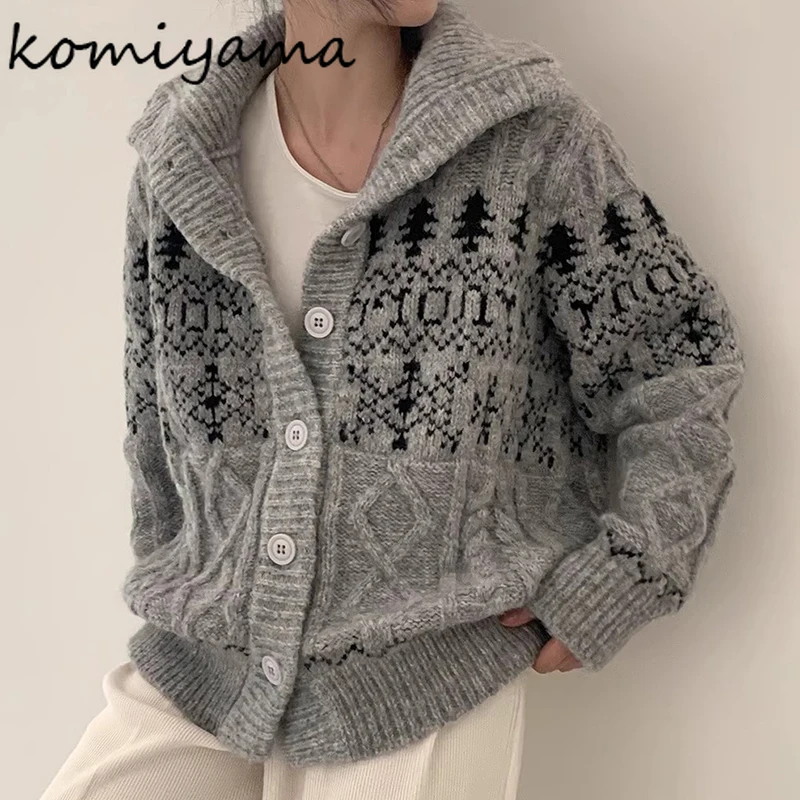 Christmas Jacquard Cardigan Single Breasted Outerwears 2024 Women Clothing Laple Neck Knitted Sweater Autumn Winter Cardigans