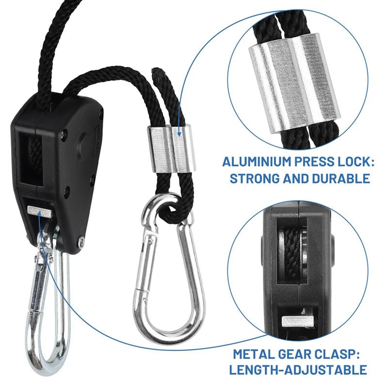 Colgador de cuerda de alta resistencia ajustable, engranajes internos de Metal reforzado, trinquetes Foe Growing, accesorios de iluminación duraderos, 4 piezas, 1/8 pulgadas