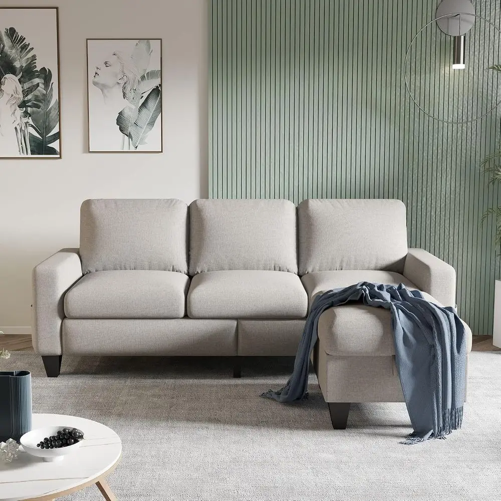 Convertible Sectional Soa L-Shaped Couch, Beige Couches or Living Room with Reversible Chaise, 3-Seat ern Linen Sectional Couche