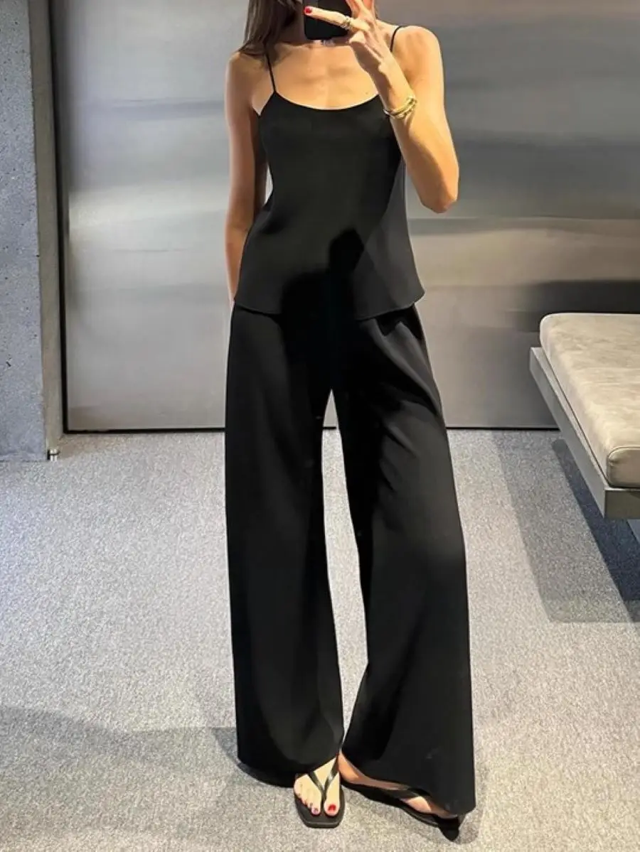 

Women Black Straight Long Pants 2025 New Elastic Waist Solid Color Casual Ladies Trousers