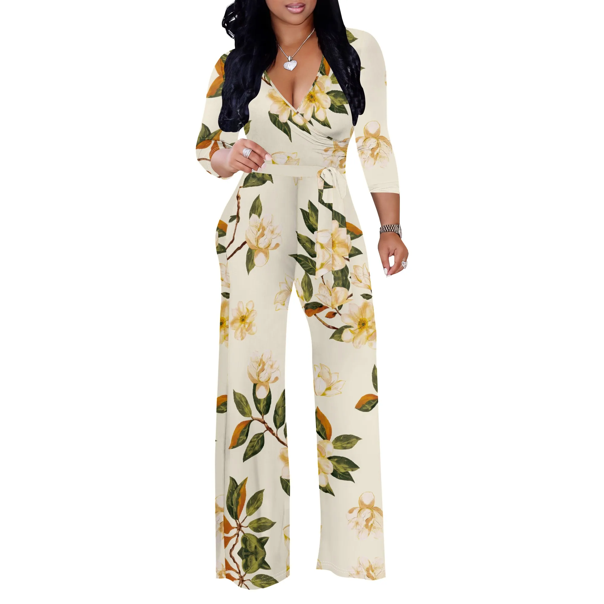 Green Watercolor Print Long Sleeve V Neck Jumpsuit Women’s Loose Fit Wide Leg Romper