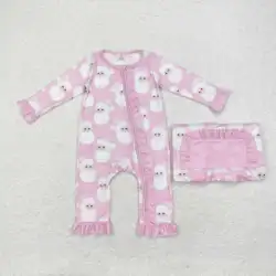 Wholesale Kids Children Infant Jumpsuit Baby Girl Long Sleeves Christmas Newborn Toddler Pink Ruffle Zipper Romper