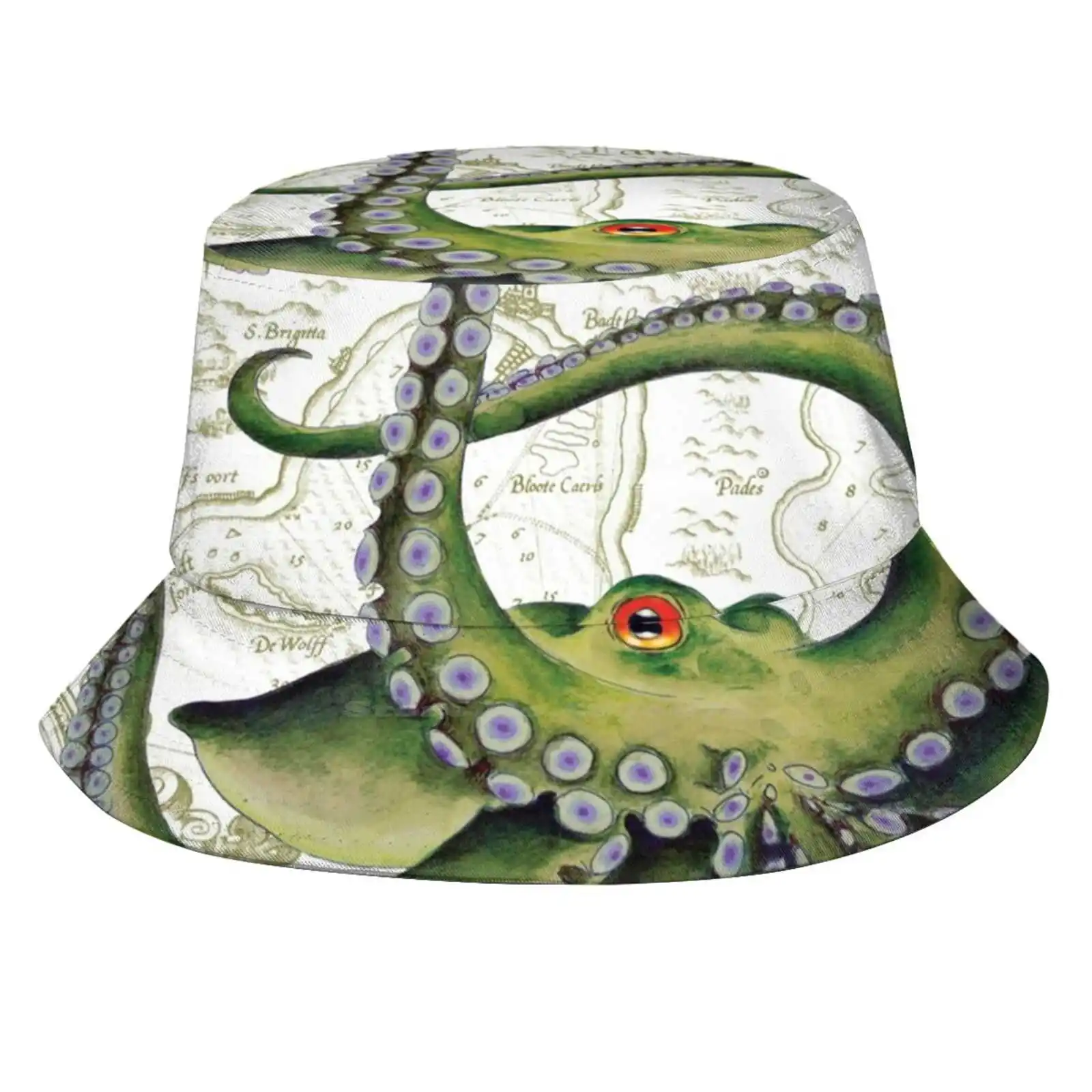 Green Octopus Vintage Map Marine Art Unisex Summer Outdoor Sunscreen Hat Cap Octopus Tentacles Vintage Map Marine Aquatic Green