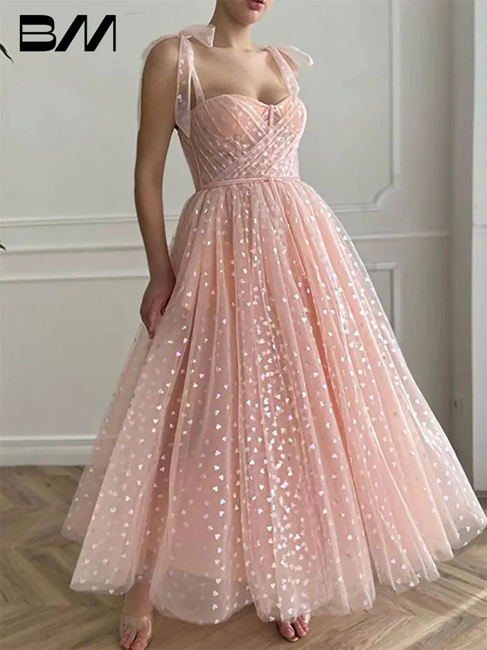 

Sparkly Sequins Spaghetti Straps Prom Dress Romantic Ankle-length A-line Cocktail Party Gown Beach Vestidos De Novia