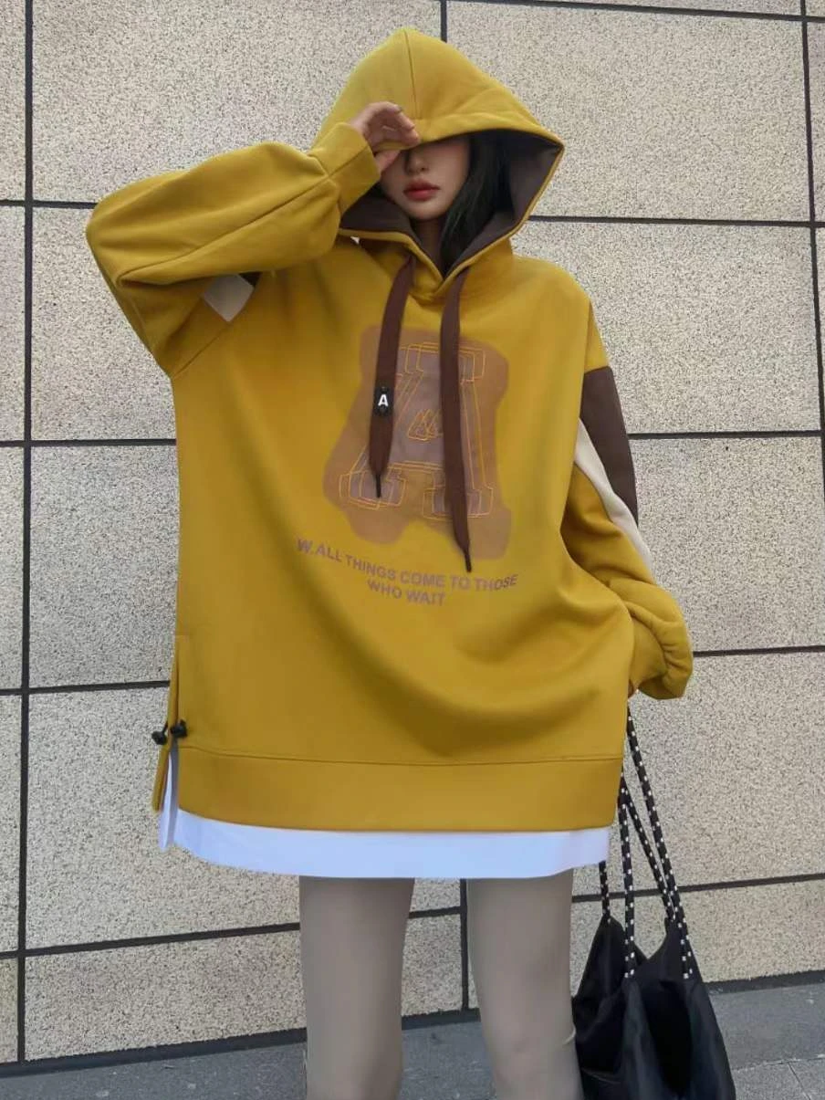 Fashion Hooded Sweatshirts 2024 Spring Autumn Color Matching Letters Printed Korean Style Loose False Two Pieces Hoodies Women