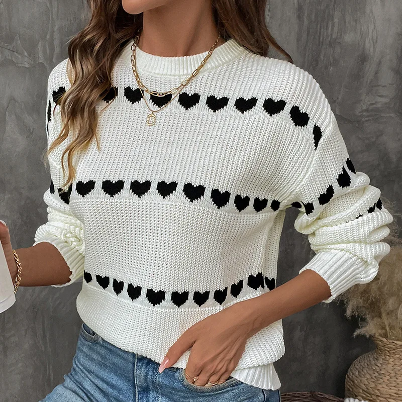 Valentine's Day Knitted Shirt  Cross-border  Sweet and Cute  Casual  Dating  Long-sleeved  Heart-shaped Sweater for Women