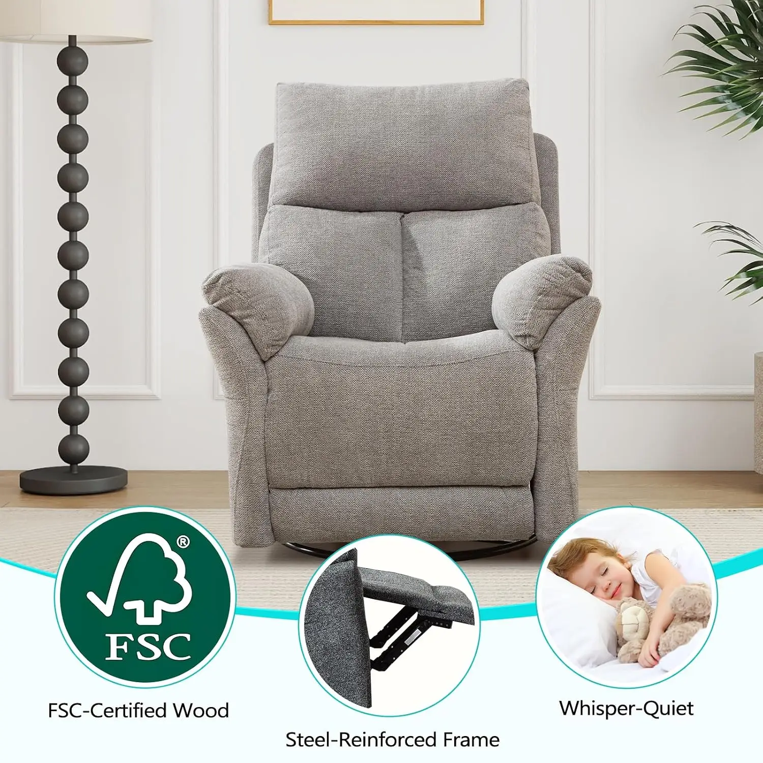 Manual Fabric Swivel Rocker Recliner Set of 2, Glider Nursery Chair, Home Theater Seating for , Silver, Customized