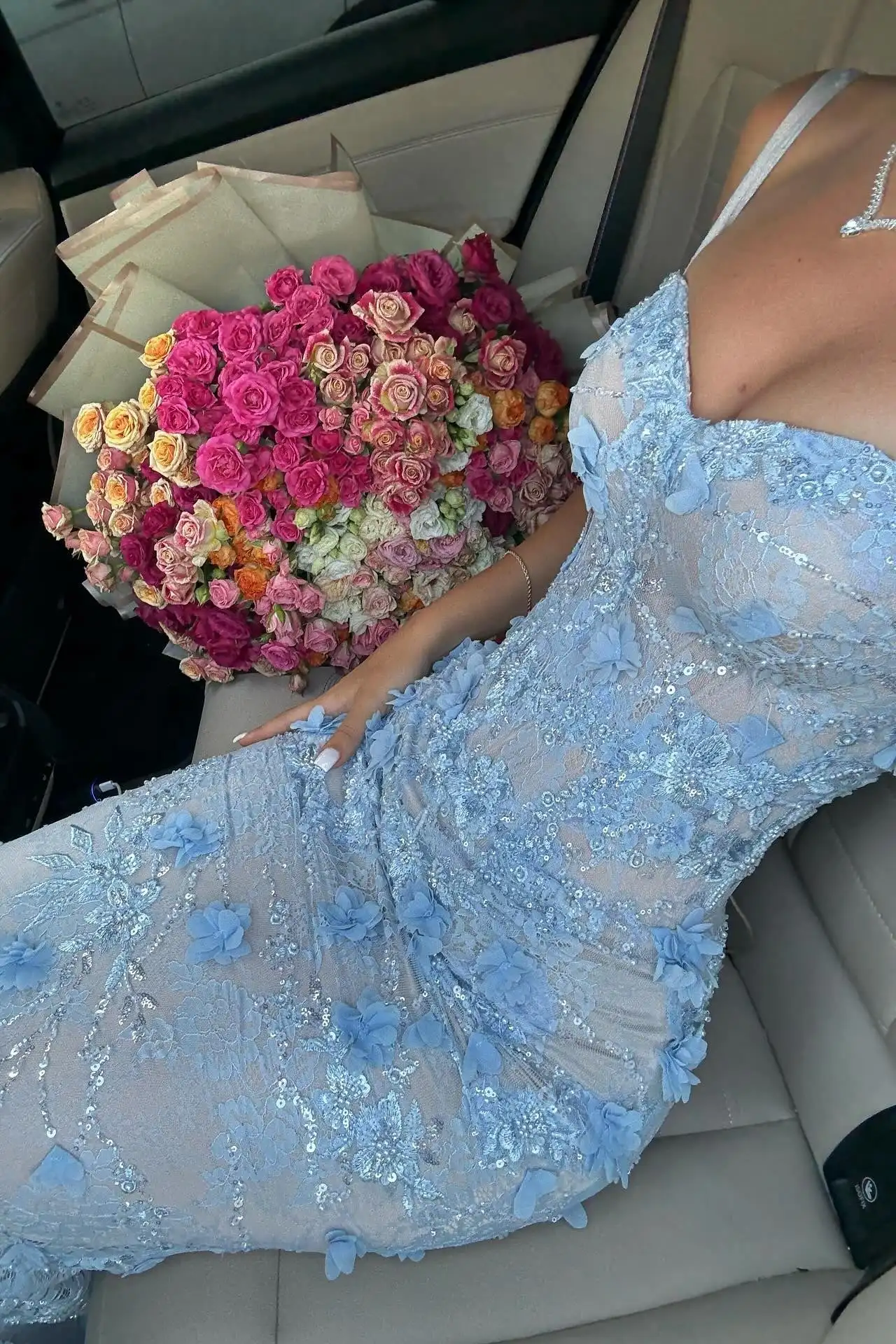 Exquisite Sky Blue 3D Flower Beaded Mermaid Evening Dress Sweetheart Spaghetti Straps Elegant Prom Party Vestidos Customized