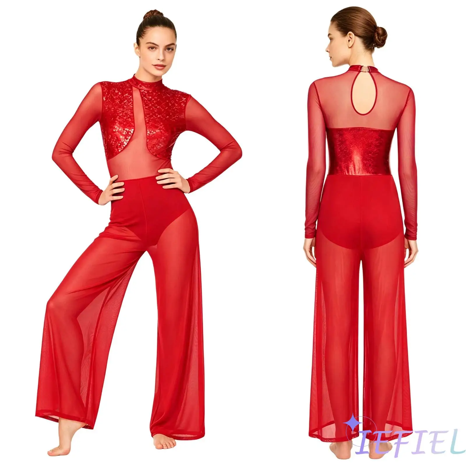 

Womens Gymnastics Latin Dance Romper Metallic Mesh Long Sleeve Wide Leg Unitards Shiny Rumba Salsa Ballet Dance Jumpsuit Clothes