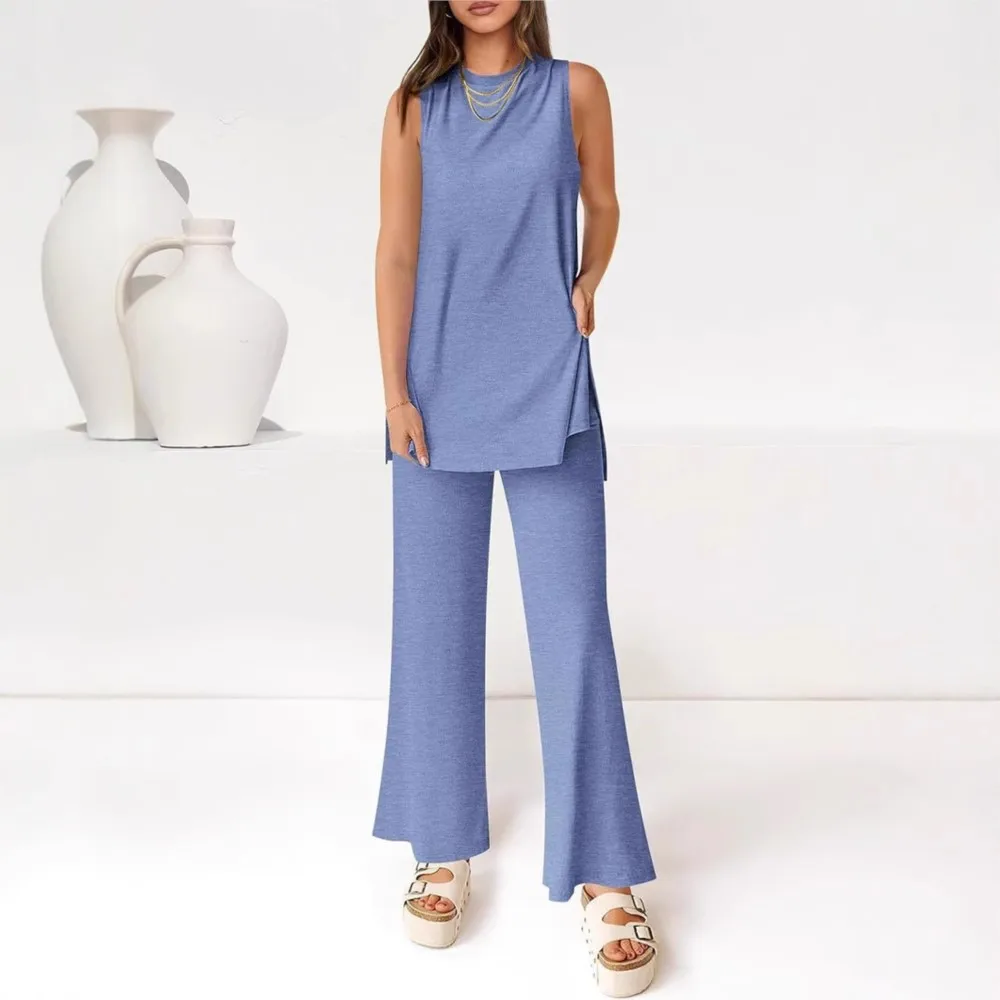 

Женский повседневный модный спортивный комплект, новый летний свободный однотонный жилет, топ + широкие брюки, дорожная спортивная одежда, комплект из двух предметов