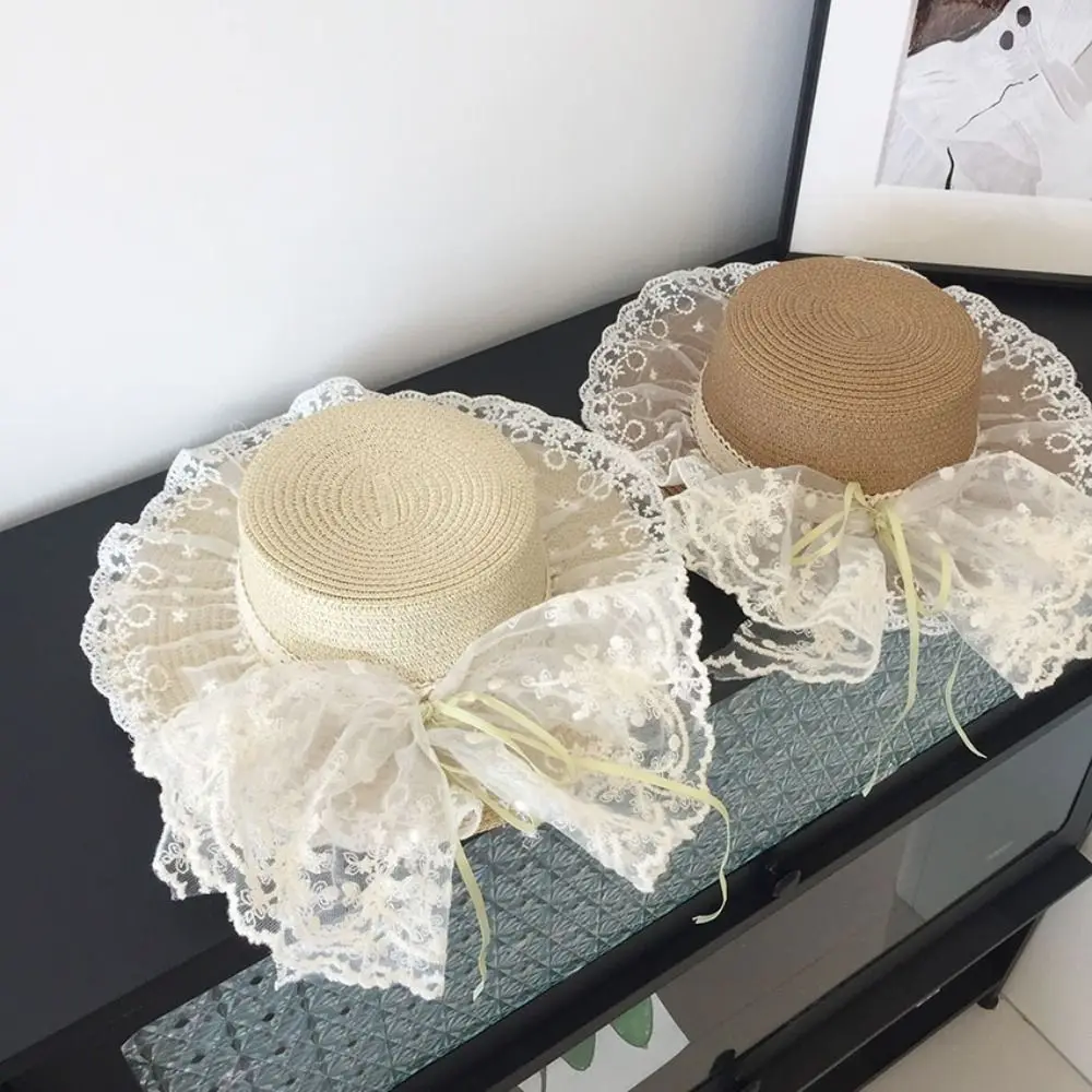 

Bowknot Lace Bow Sun Hat Adjustable Lace Ruffle Wide Brim Hat Breathable Straw Sun Visor Hats Summer Beach