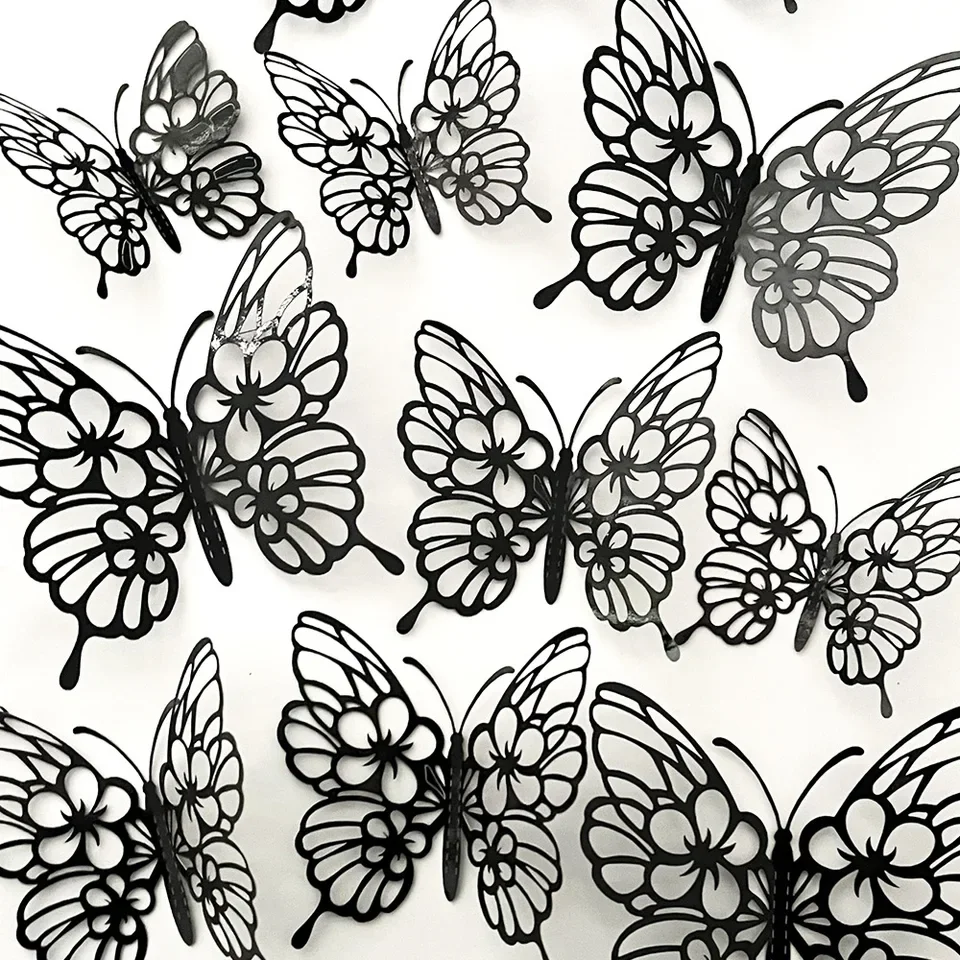 12-piece 3D hollow butterfly wall decals crafted from premium PVC for living spaces, weddings, and festive interiors — lightweig