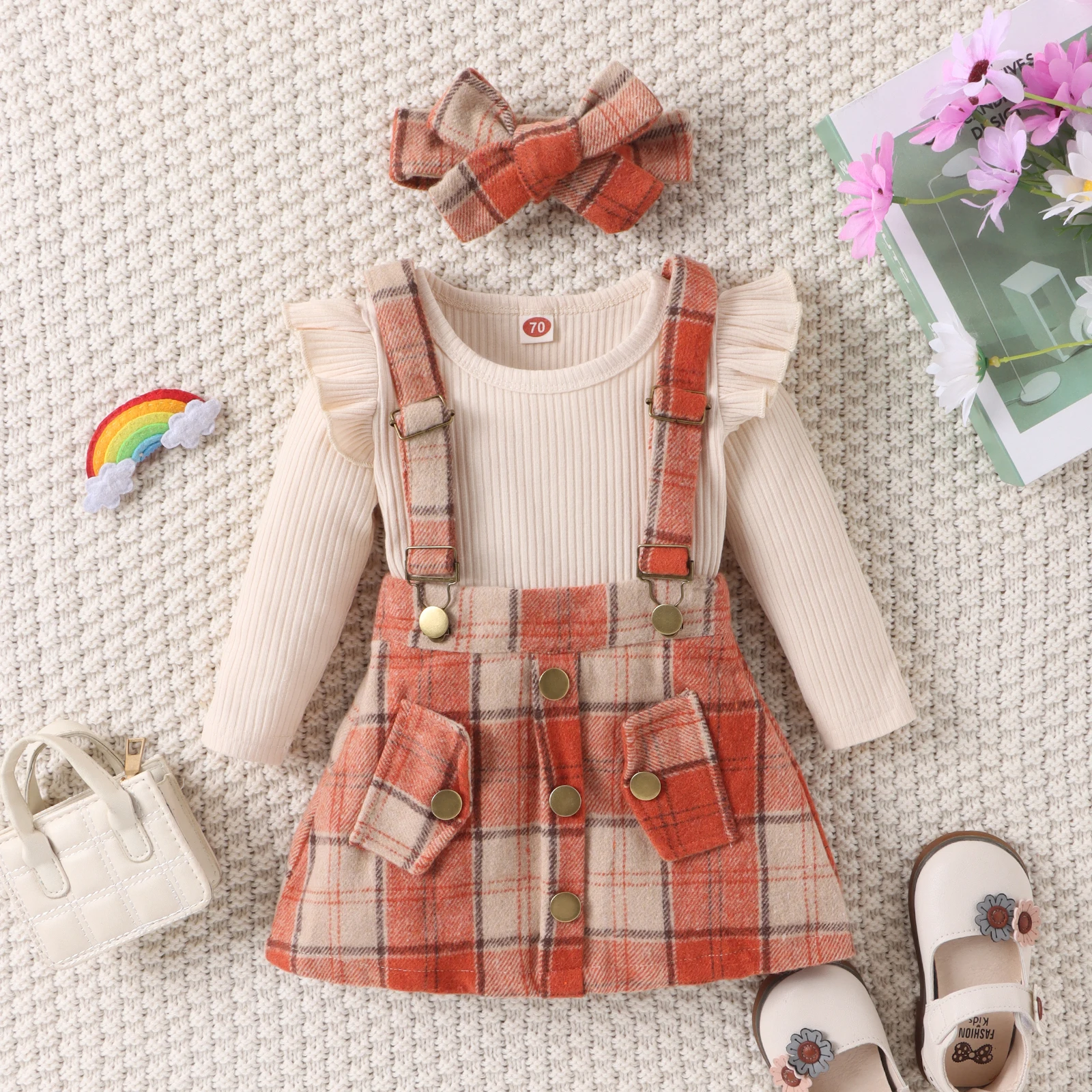 BeQeuewll Baby Girls Fall Outfits Long Sleeve Romper And Plaid Suspender Skirt And Headband Set Newborn Clothes 3 Piece Set