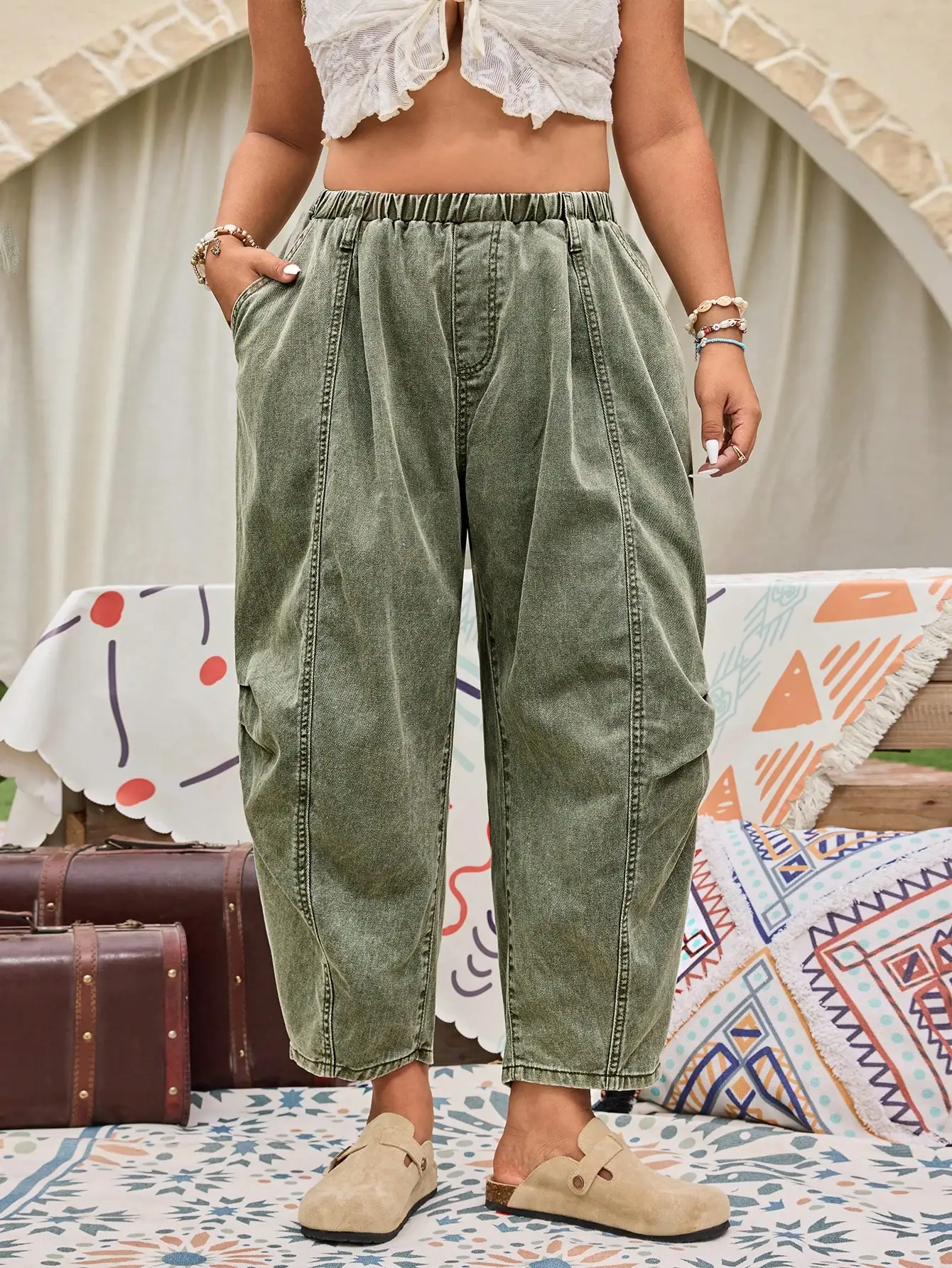 

Зеленые джинсовые укороченные брюки-шаровары из хлопка с эластичной резинкой на талии для женщин