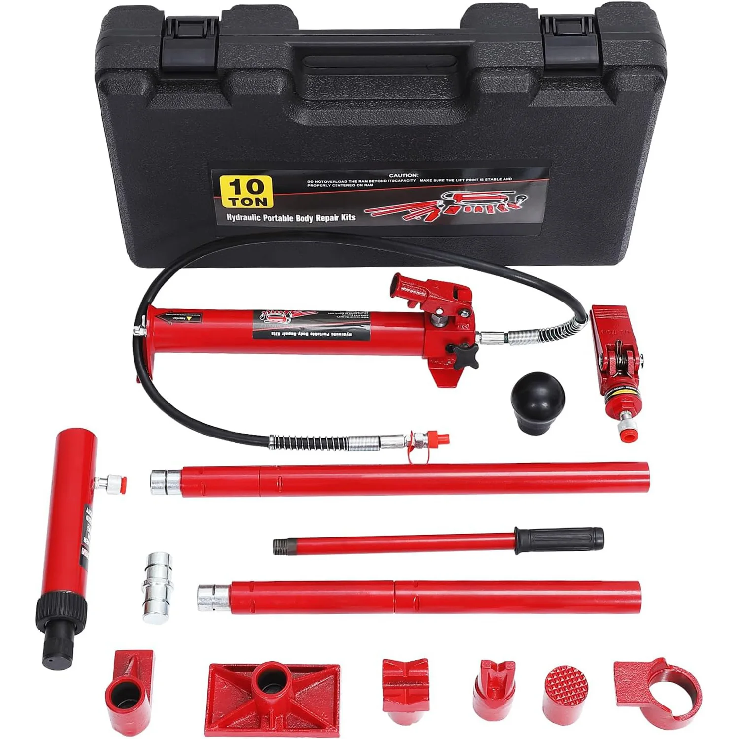 طقم جاك هيدروليكي 10 طن، طقم طاقة بورتا مع مضخة مع خرطوم زيت 4.6 قدم/1.4 متر، جاك هيدروليكي محمول مع حقيبة تخزين