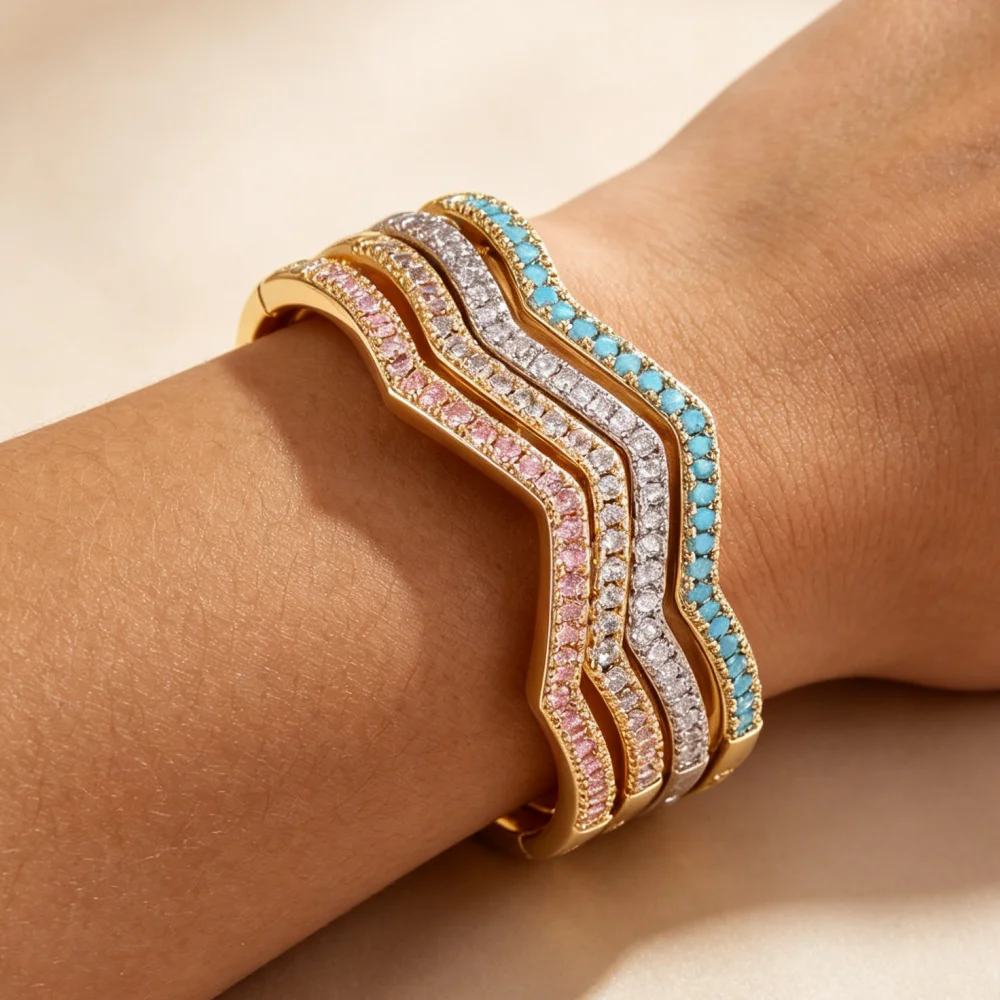 Luxury Multicolor Zircon Wavy Irregular Square Hinged Bangle Sparkling Crystal Bracelet Ladies Dating Banquet Wedding Jewelry