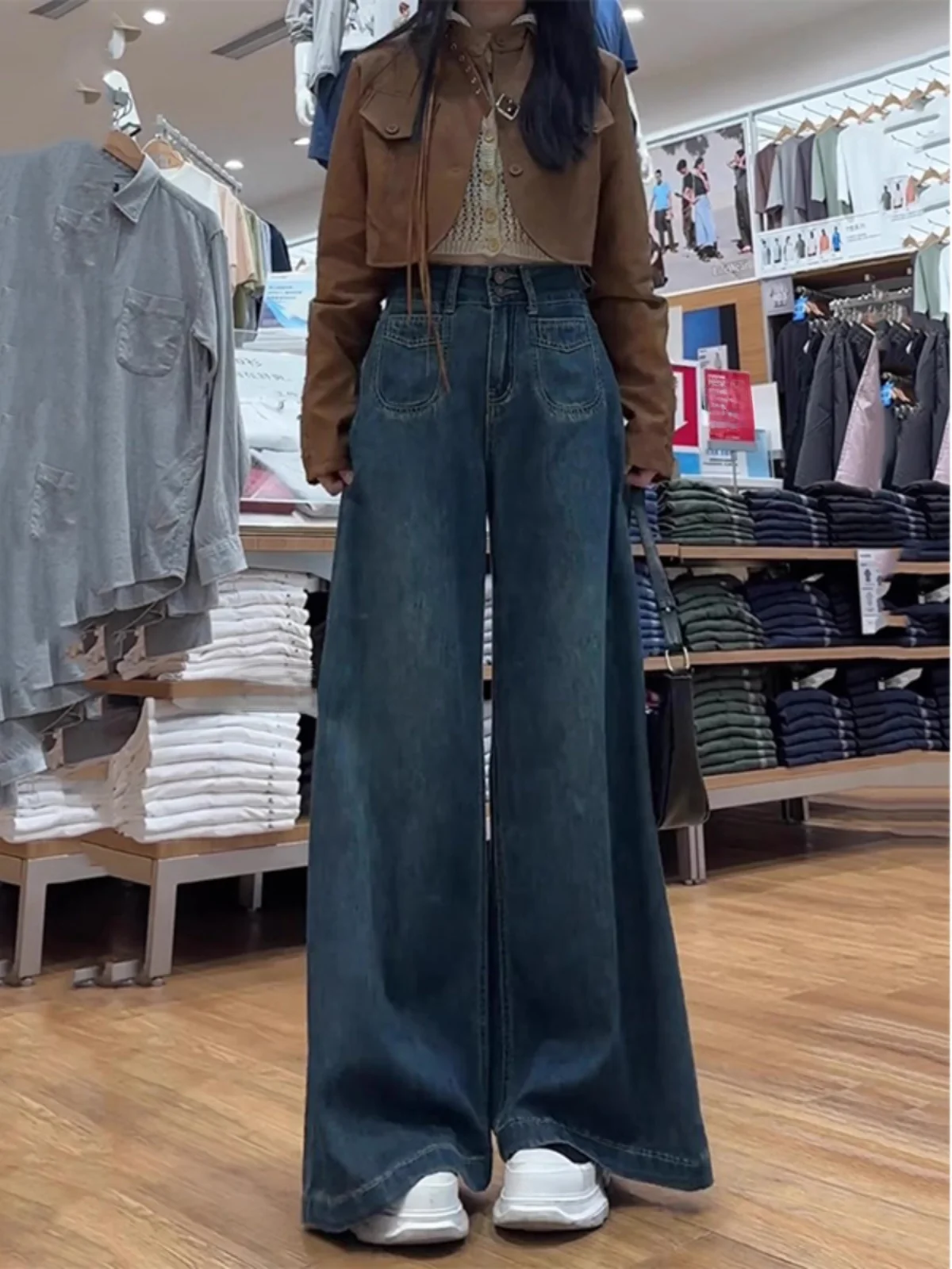 

Темно-синие джинсовые джинсы, женские свободные утягивающие широкие брюки большого размера, длинные брюки с высокой талией, осенний сезон Faion