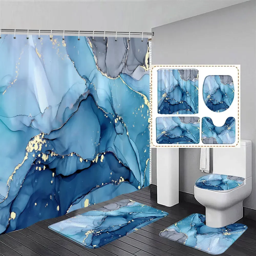 Marble Free Flow Metal Swirl Texture Shower Curtain Rug Set Natural Luxury Abstract Fluid Texture Waterproof Shower Curtains Set