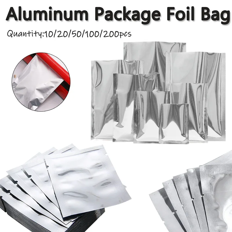 10-200pcs Silver Aluminum Foil Package Bag Storage Bag Open Tops Heat Seal Vacuum Mylar Foil Bags for Spice Powder Storage