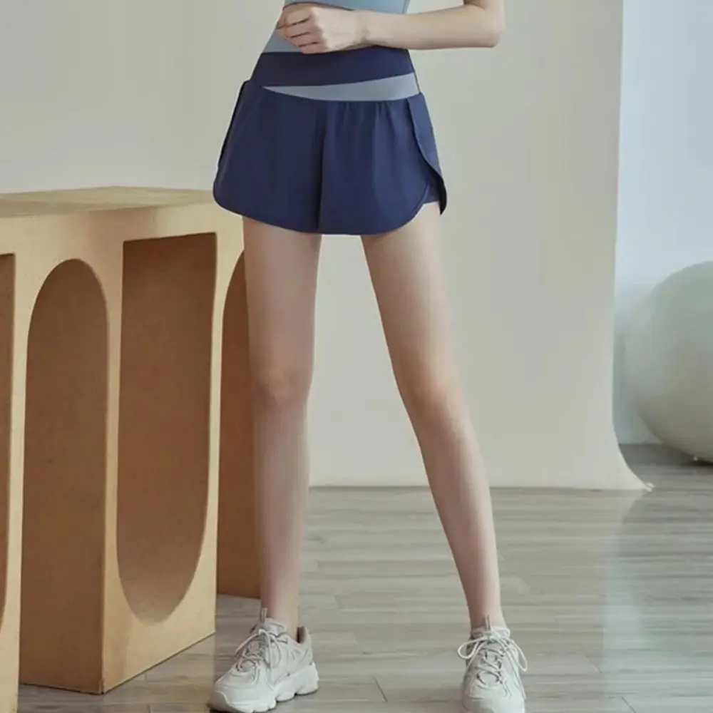 

Breathable Women Sports Shorts Colorblocked Elastic Waistband Yoga Skirt Shorts Anti-Slip 2 In 1 Inner Liner Running Shorts