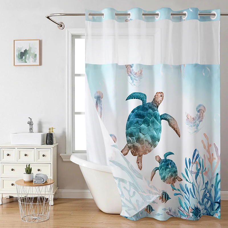 Printed Double Grommet Bathroom Curtains Marine Life Waterproof Shower Curtain for Hotel Home Durable Privacy Partition Curtain