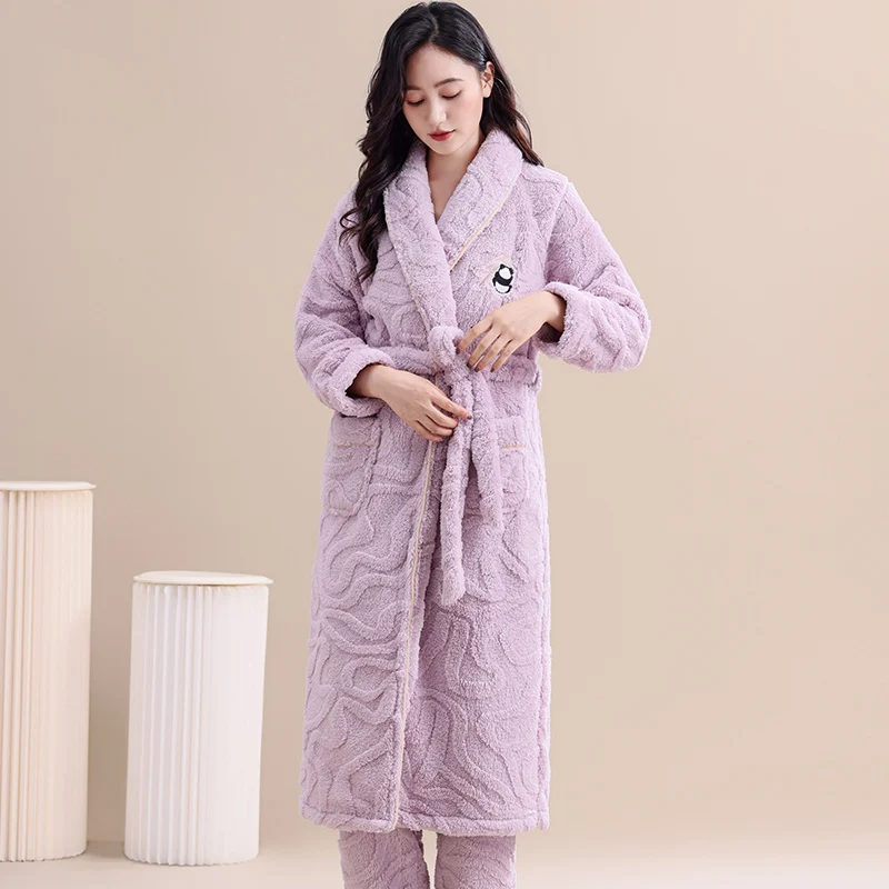 Winter Jacquard Flannel Sleepwear With Belt Robe+Pants 2PC Warm Women Pajamas Coral Fleece Robes Set Full Sleeve Female Homewear - Image 3