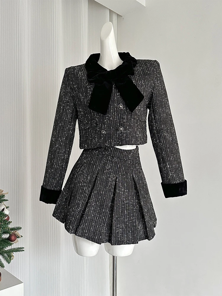 Women\'s New Matching Sets Bow Short Jacket Coat and Mini Pleated Skirt Vintage Y2k 2000s Skirt Sets Two Piece Suit Clothes 2024