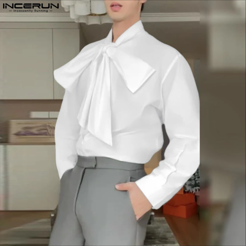 INCERUN Men Shirt Solid Color Lace Up Bowknot Long Sleeve Casual Men Clothing Loose Fashion Elegant Streetwear Shirts Camisas