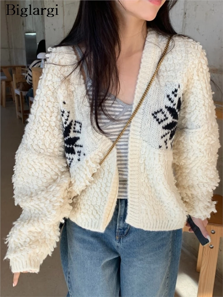 

Knitted Autumn Winter Cardigan Women Floral Print Fashion Casual Loose Ladies Cardigans Korean Style Woman Sweater Coats