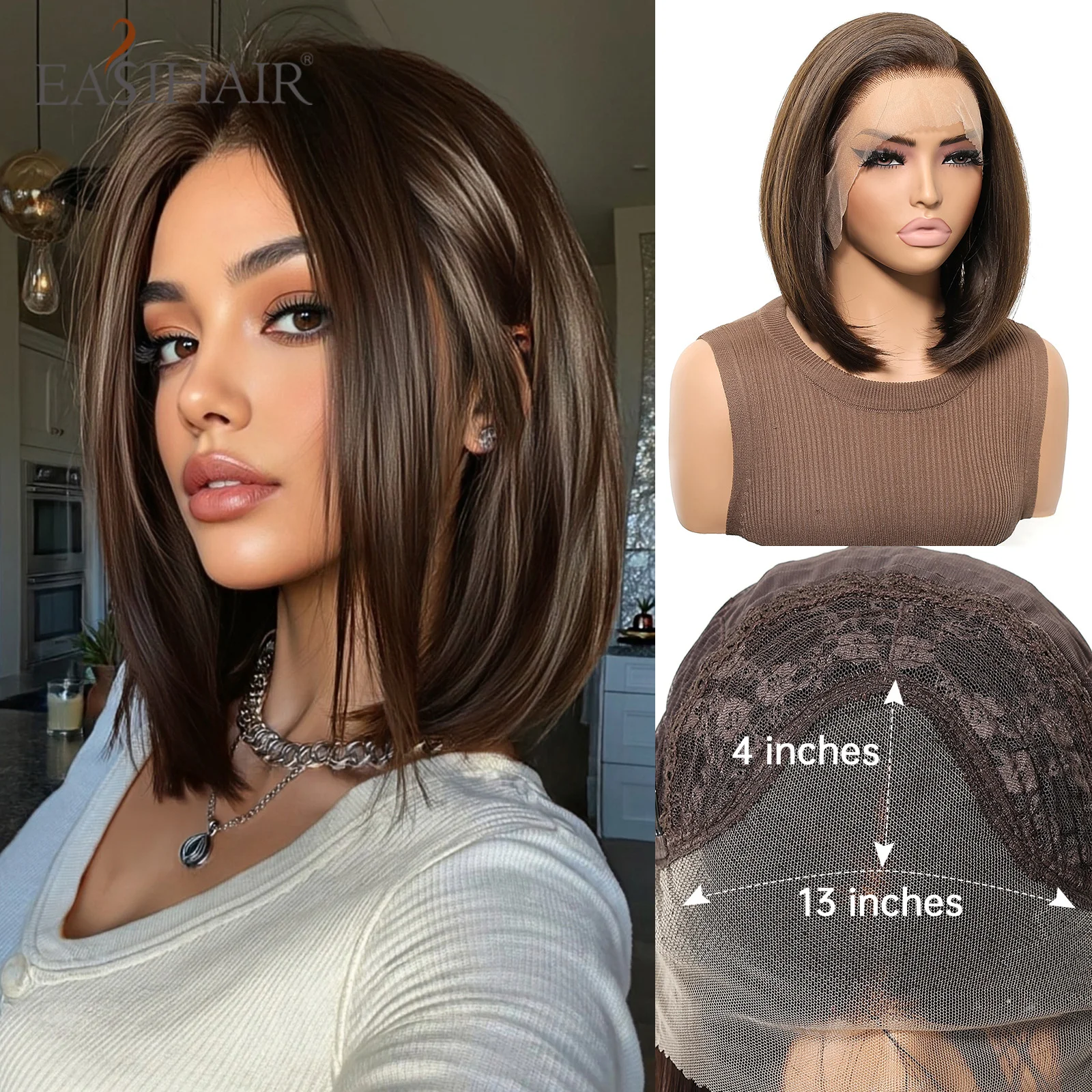 

EASIHAIR Короткие прямые шоколадно-коричневые синтетические парики 13*4 Парики спереди для женщин 10 дюймов Натуральные волосы Женский парик Ежедневное использование