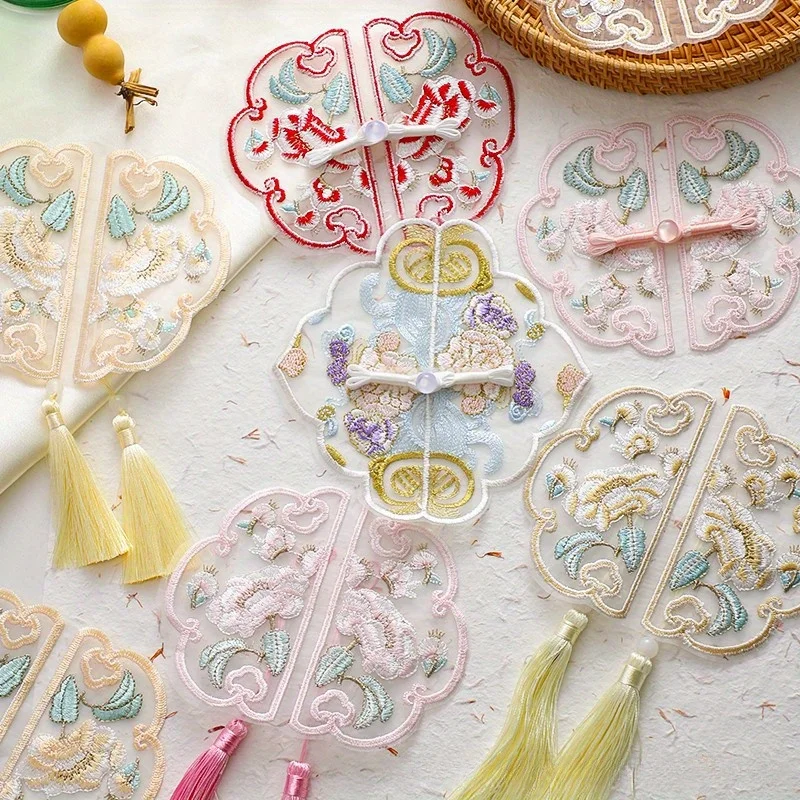 2PCS Embroidered Buckle Tassel Flower Art Ancient Style Handmade DIY Embroidery Piece Flowing Pendant Qipao