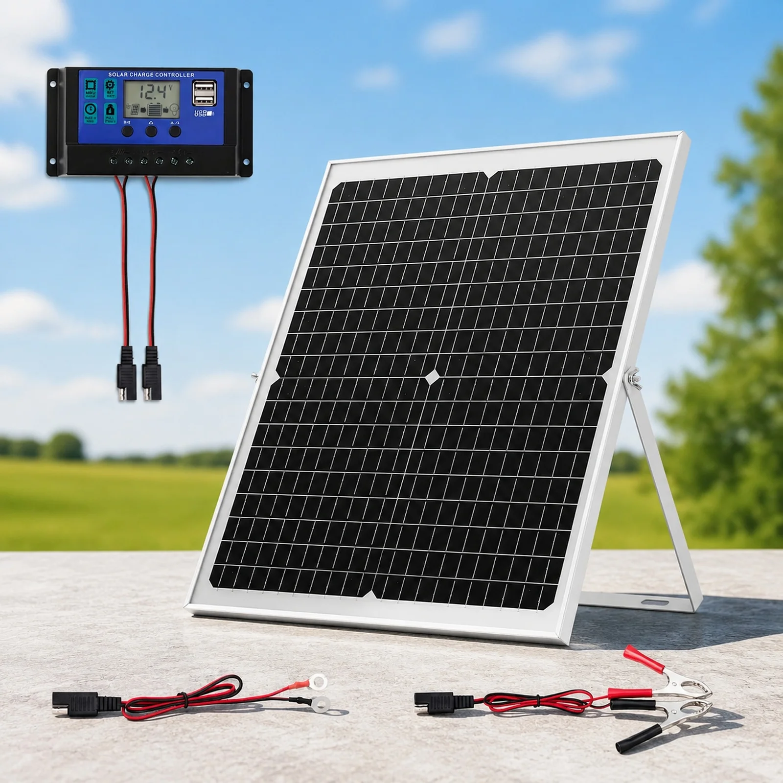 30W 12V Solar Panel Battery Charger, Trickle Charger Maintainer With MPPT Controller & Mount Bracket, IP67 Waterproof For Car