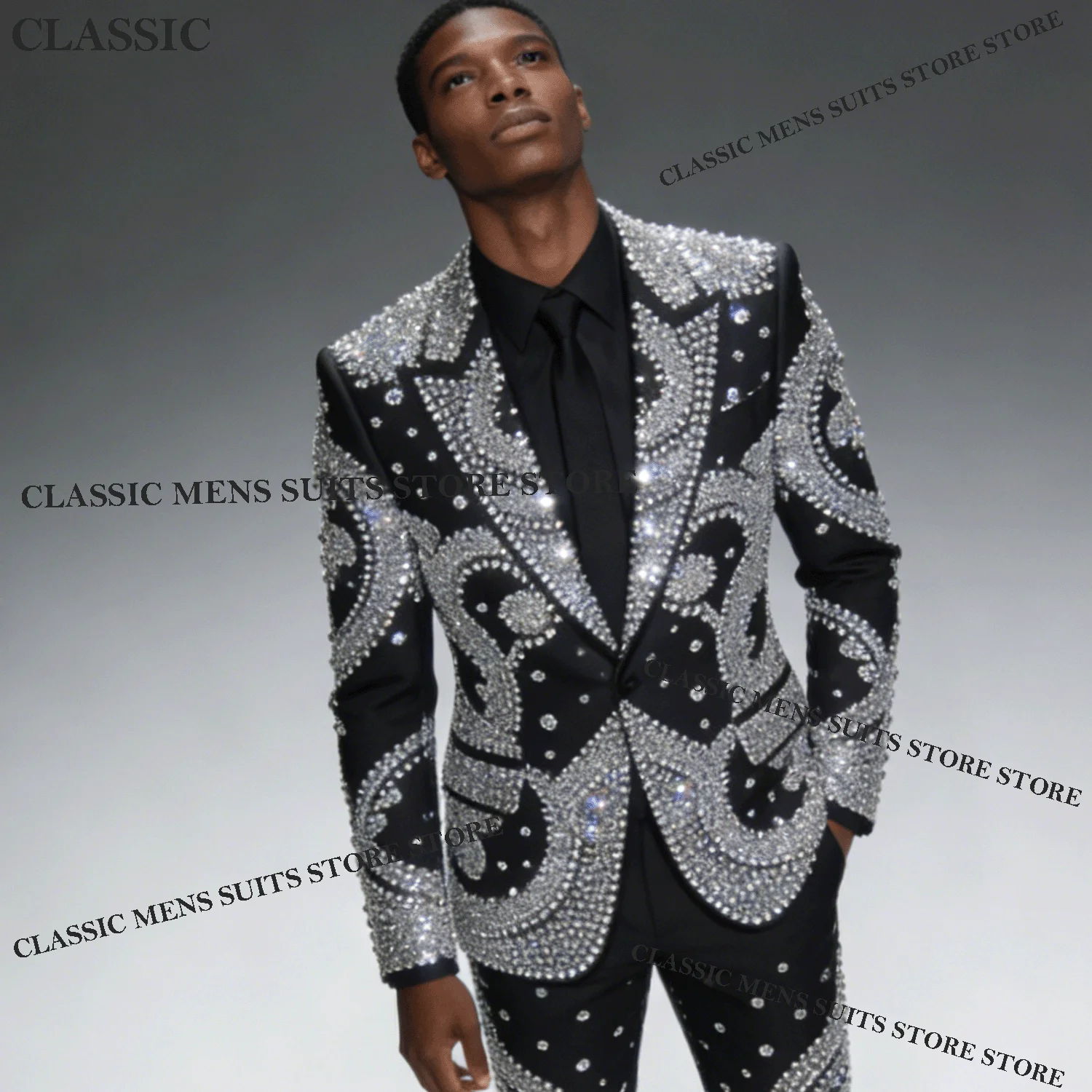 

Handsome Men Suits 2 Piece Sets Customized Wedding Groom Tuxedo High End Jewel Beaded Male Prom Blazers Slim Fit Costume Homme