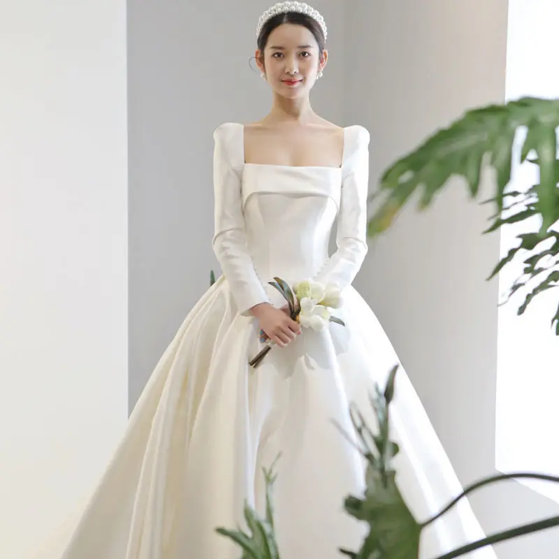 

Korean Sle Satin Light Wedding Dr 2025 New Simple Vintage Hepburn Sle Floor Length Sve Long Sve Bridal Gown