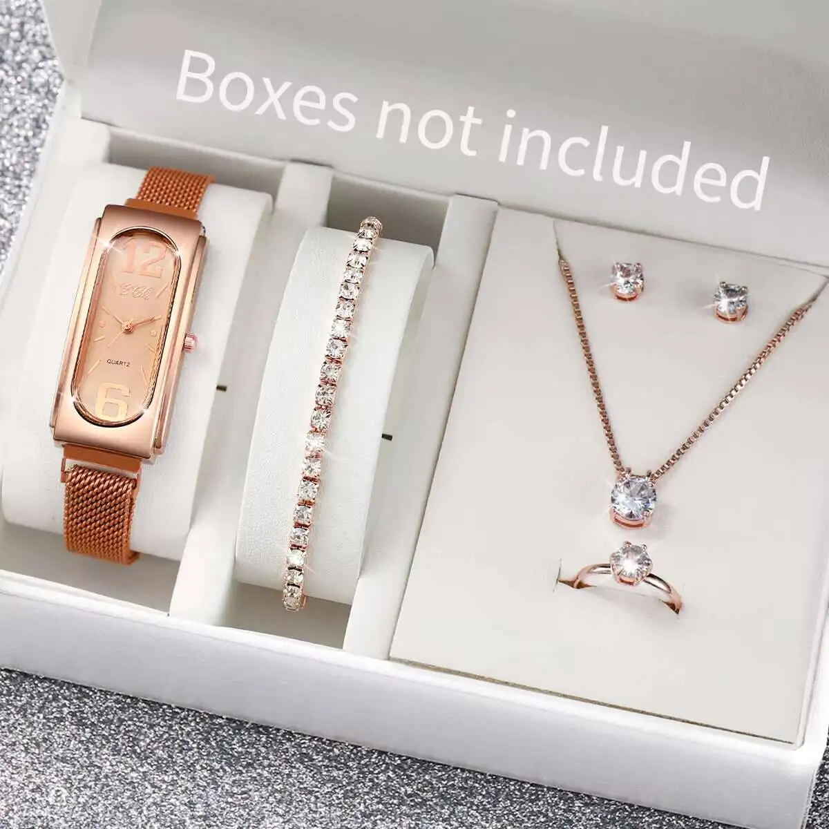 6PCS/Set Fashion Casual Magnet Clasp Mesh Band Rectangle Women Quartz Watch Ladies Wristwatches Diamond Jewelry SetWithout Box