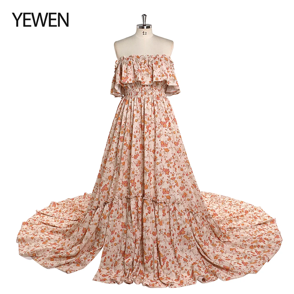 Elegant Off Shoulder Floral Print Cotton Woman Maxi Dresses Photography Dress Maternity Photo Shoots Gowns YEWEN