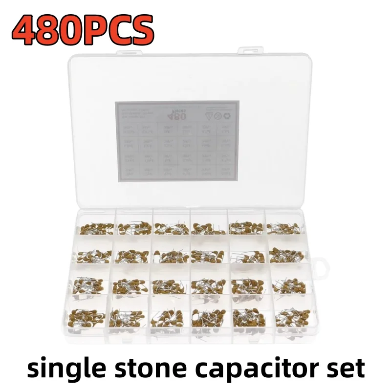 480PCS Single Stone Capacitor Set 10PF~10UF 50V Range 24 Types 20 Pieces Each for Electronics Repair And DIY Projects