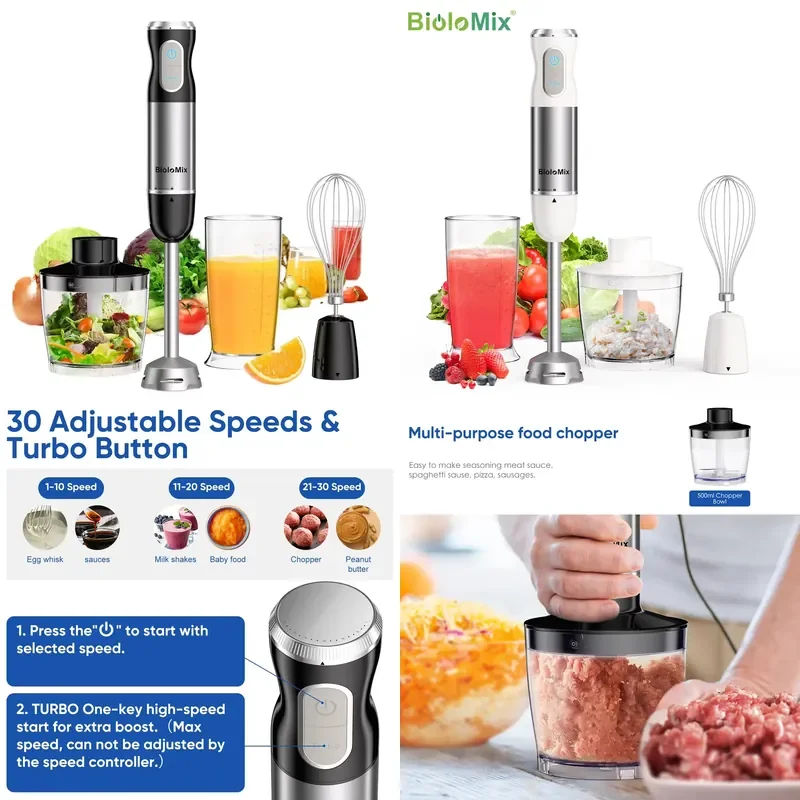 1000W 4 in 1 Immersion Hand Blender 5 Speeds Turbo Stick Mixer BPA Free Chopper Whisk Smoothie Ice Crush Food Processor