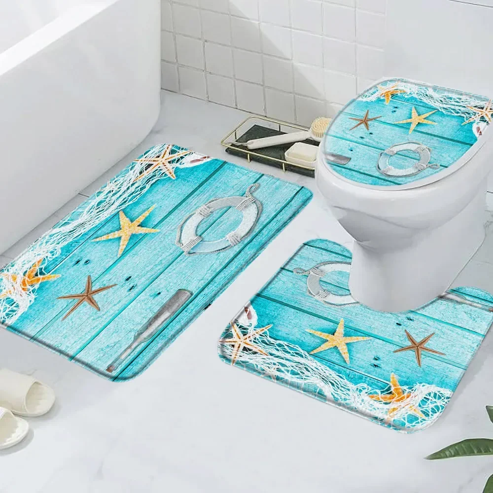 Beach Starfish Bath Mat Blue Wooden Board Nautical Lighthouse Compass Anchor Anti-slip Floor Mat Toilet Cover Bathtub Decor Set