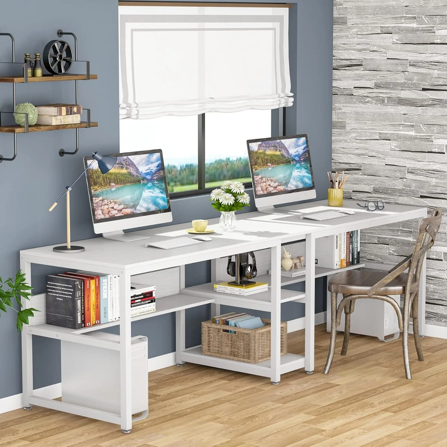 LITTLE TREE Two Person Desk with Bookshelf,Computer Office Double Writing Desk Workstation with Shelf for Home Office (White)
