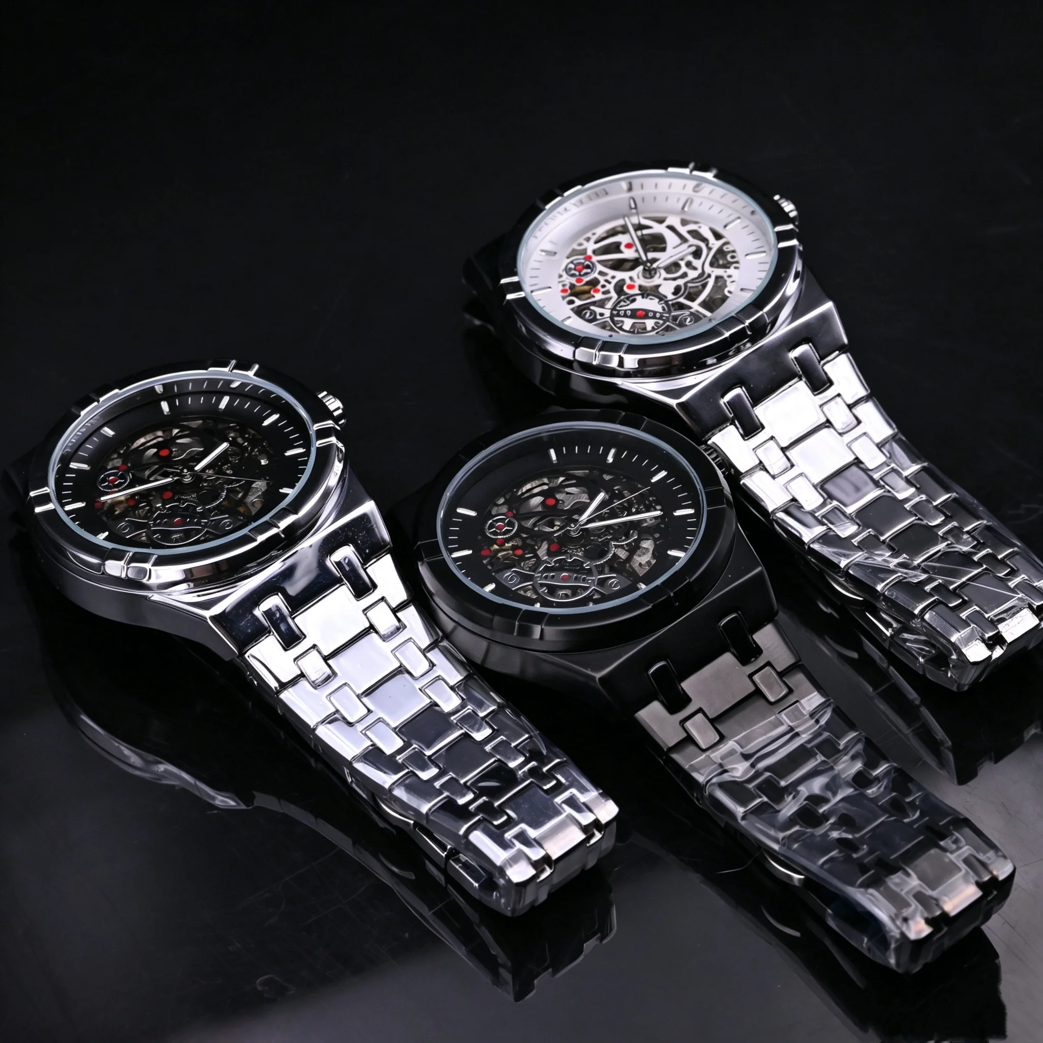 Montre de Luxe pour Homme, 3 Styles, Cadran Squelette Creux, Bracelet en Acier Inoxydable Poli, Aiguilles Lumineuses, Style Mécanique, Idéale pour le Quotidien et les Affaires