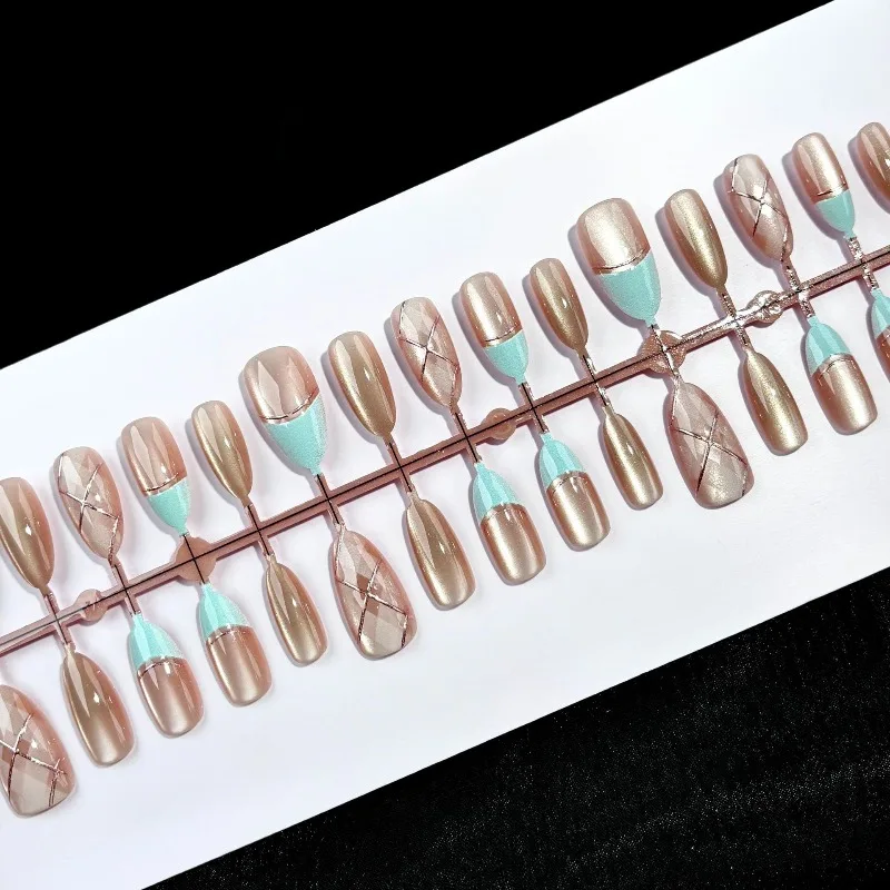 30Pcs Press-On Nails Blue French-Style Gold-Plated Checkered Wide-Gloss Cat-Eye Fake Nails Perfect for Girls and Parties