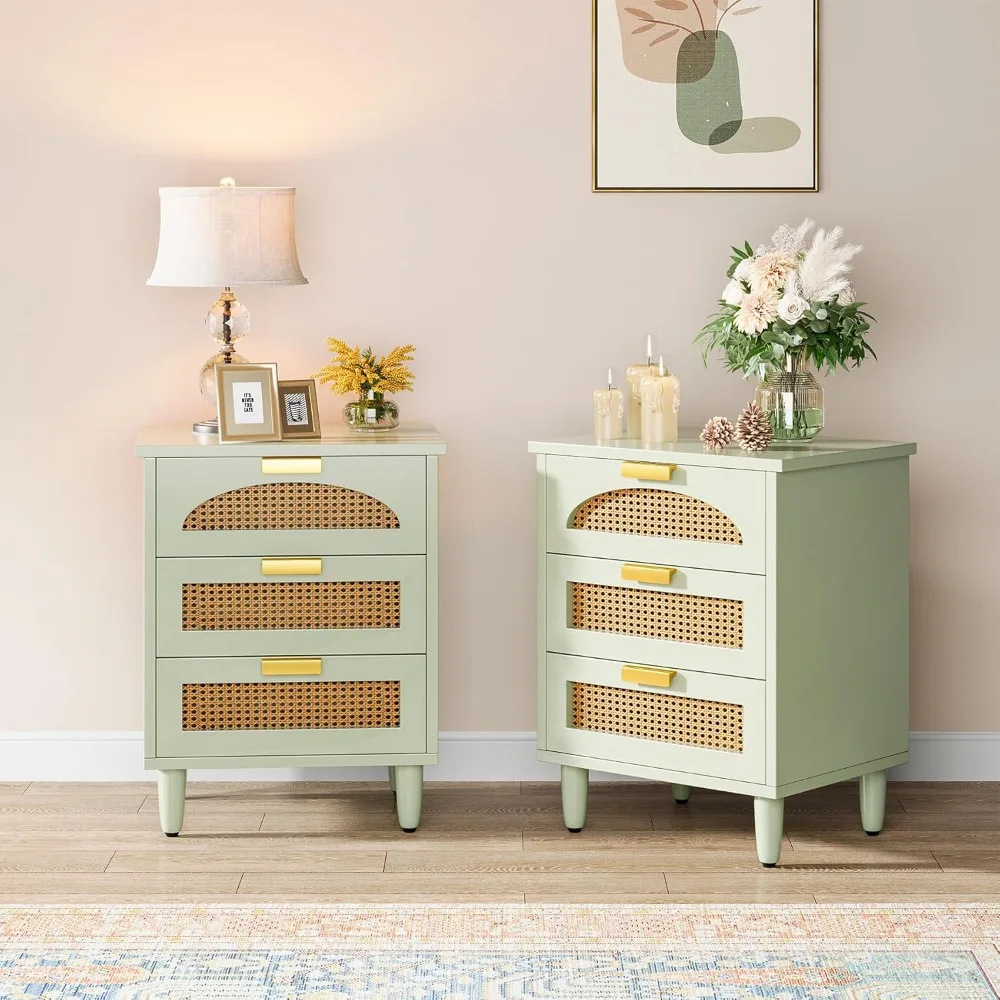 Mint Green Nightstand, 3-Drawer Rattan Night Stand Side Table, Accent Bedside Tables End Table for Bedroom and Small Spaces