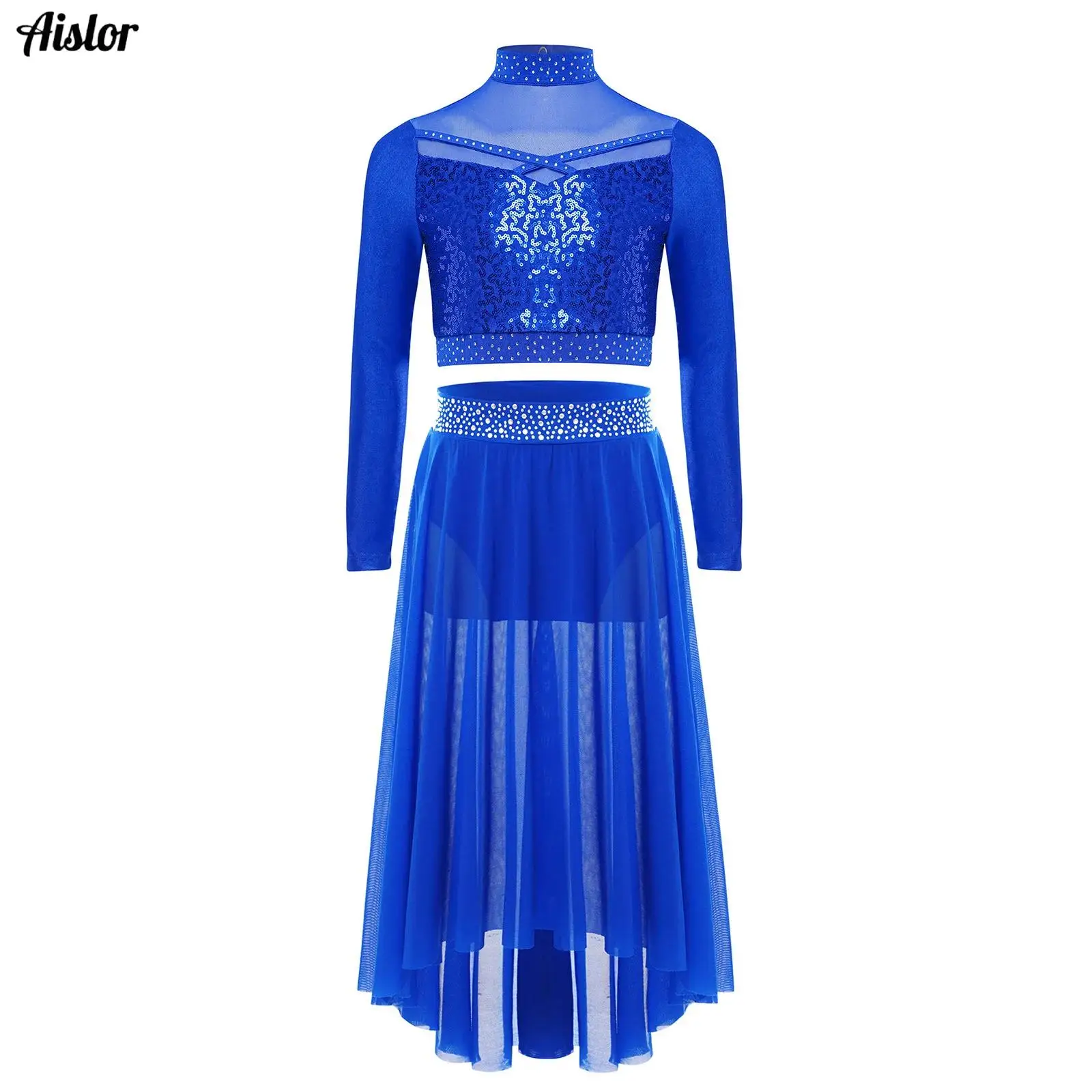 

Kids Girls Lyrical Contemporary Dance Performance Costume Long Sleeve Rhinestone Crop Tops with Skirt Leotards Ballet Clothes