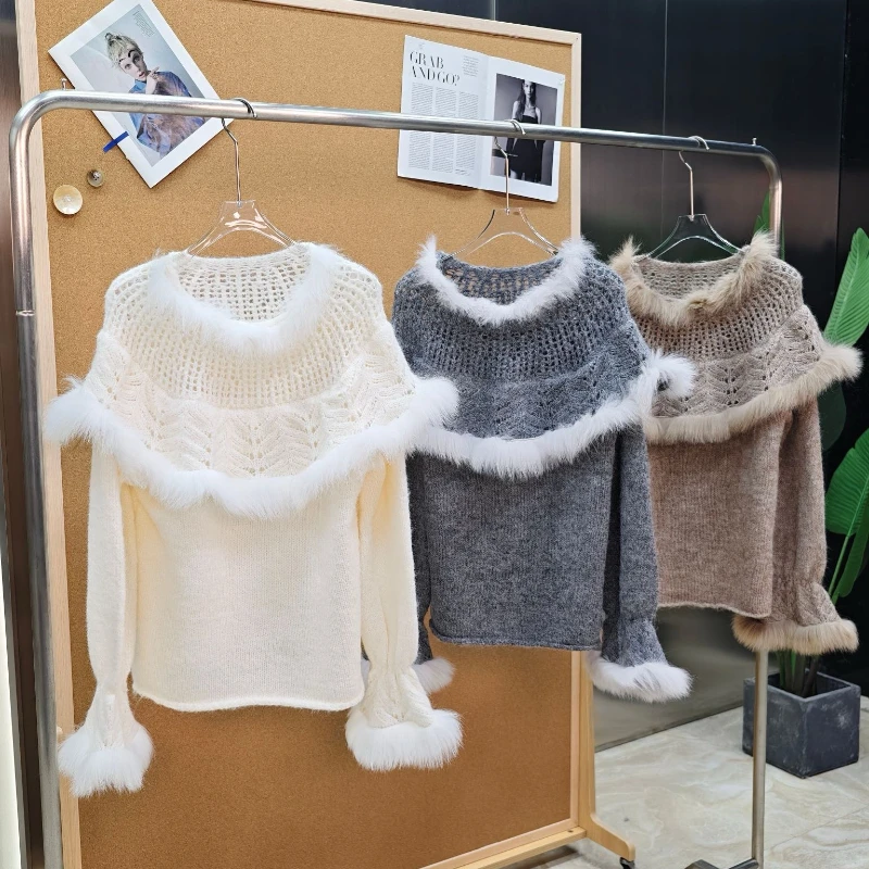 Women Real Fox Fur Trim Round Neck Knit Sweater Hollow‑out Flare Long Sleeve Pullover Jumper Full Sleeves Women Female Coats