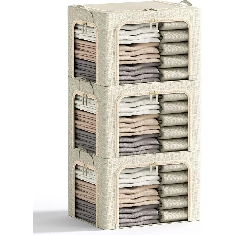 

3 складных контейнера для хранения одежды с металлическим каркасом, контейнеры для хранения одежды с крышкой, льняные контейнеры для хранения