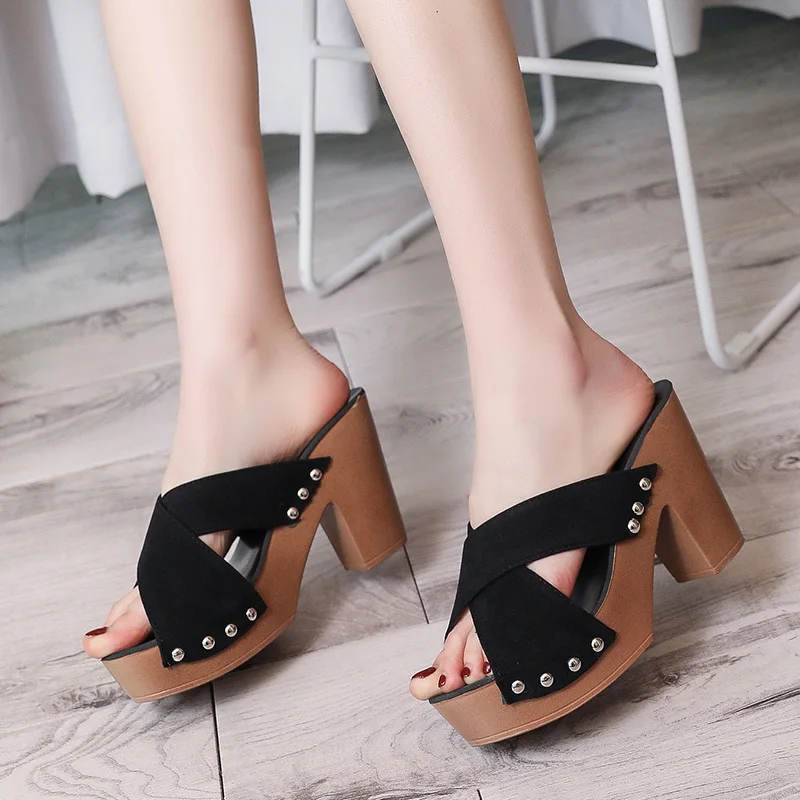 Summer Women Sandals Square High Heel Platform Flock Casual Rivet Pumps Peep Toe Female Elegant Ladies Shoes Zapatos De Mujer