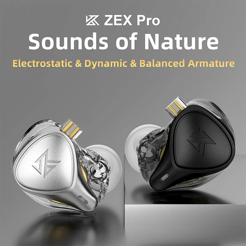 KZ-ZEX Pro Fone de ouvido intra-auricular HIFI, eletrostático, dinâmico, equilrado, cabo destacável, fone de ouvido, cancelamento de ruído, es