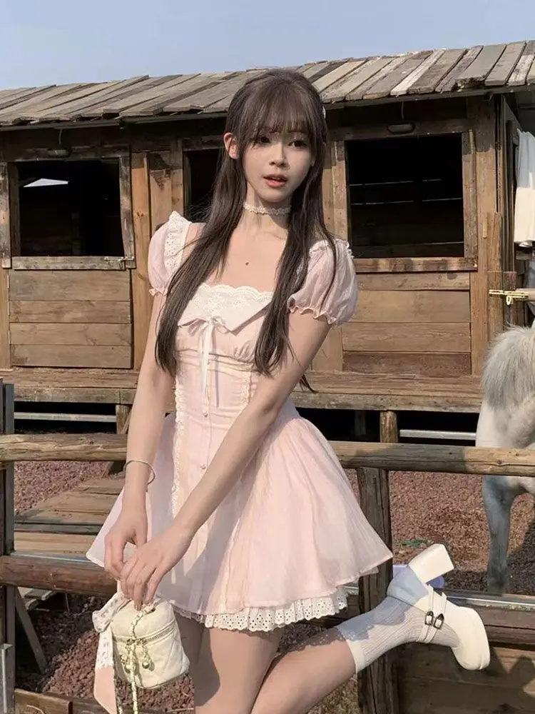 Robe rose à manches bulles pour femmes, Design doux, coupe coréenne, Chic, Kawaii Y2k, nouvelle mode, vêtements d'été mignons et Slim en dentelle