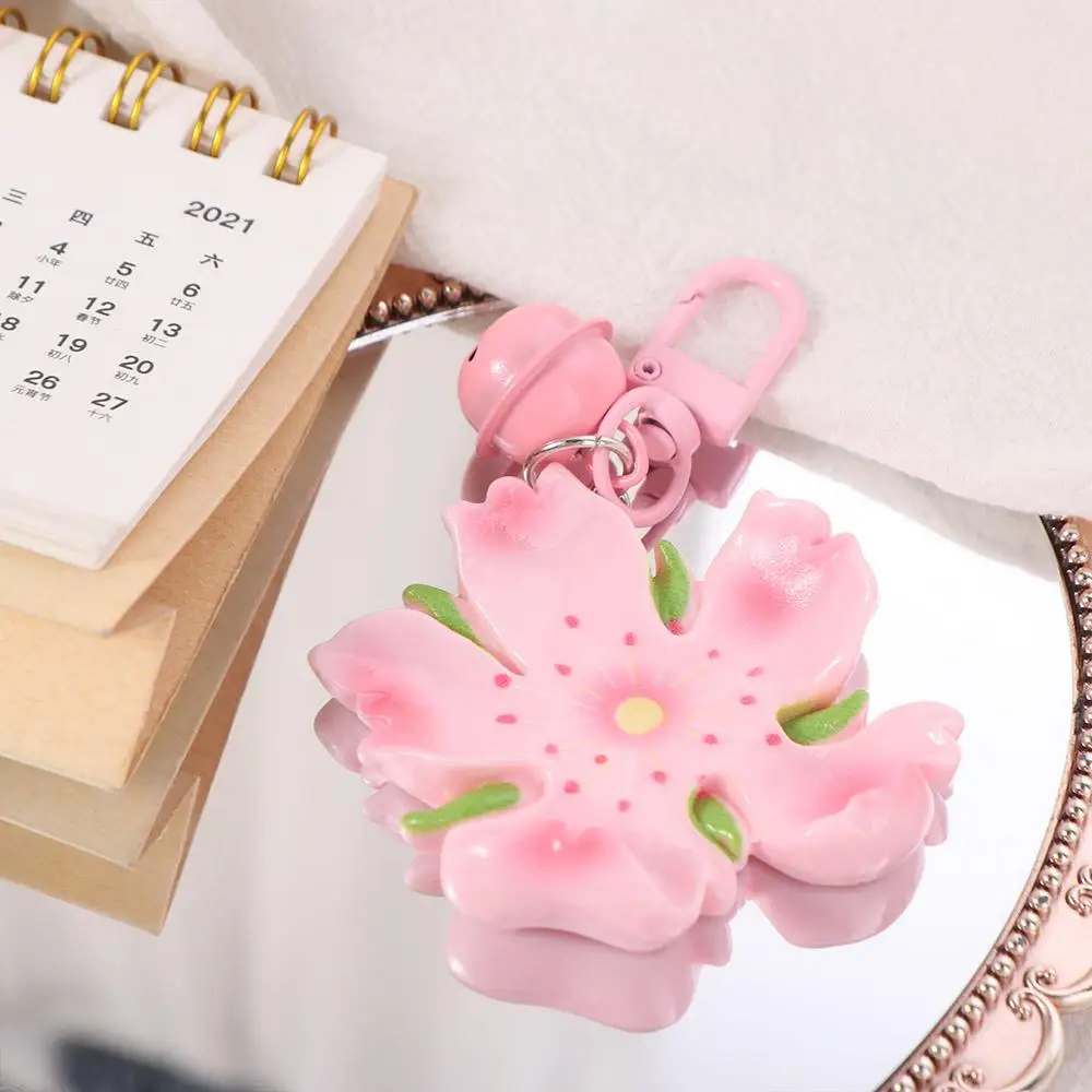 Fashion Resin Peach Flower Keychain Tulip with Bell Peach Blossom Pendant Lotus Sweet Car Key Ring Backpack Decoration